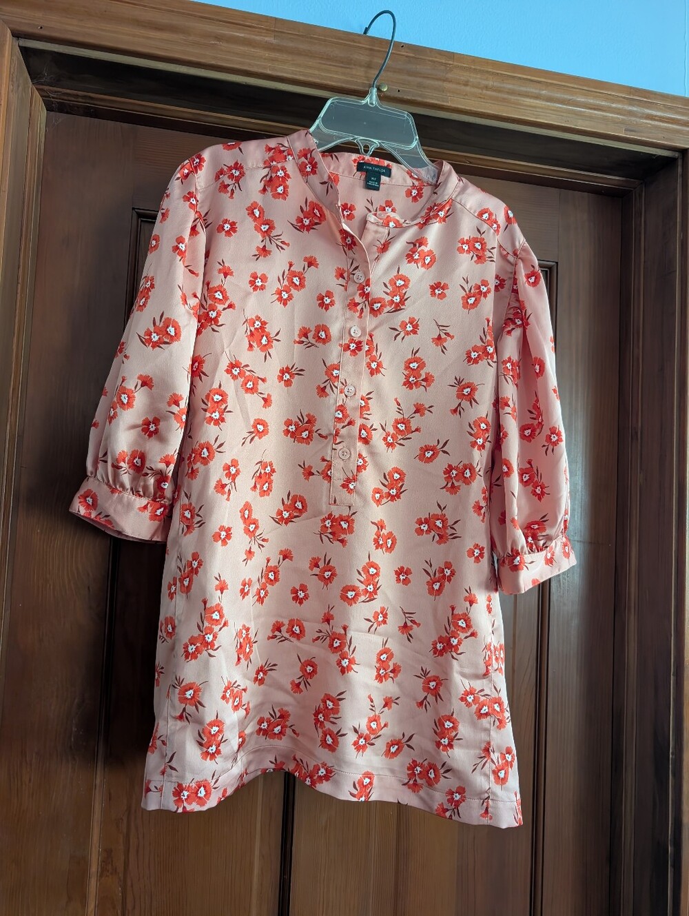 Ann Taylor Light Pink Floral Button Tunic with Red Flowers